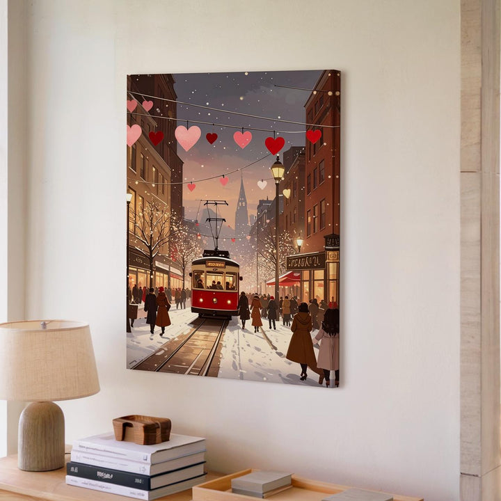 Winter City Romance Canvas – Romantic Tram & Snowy Street Scene - Gifitto