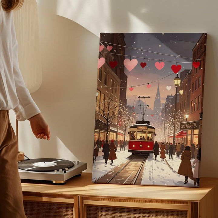 Winter City Romance Canvas – Romantic Tram & Snowy Street Scene - Gifitto