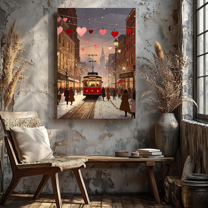 Winter City Romance Canvas – Romantic Tram & Snowy Street Scene - Gifitto