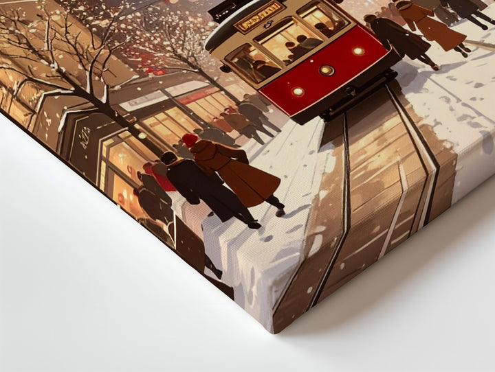 Winter City Romance Canvas – Romantic Tram & Snowy Street Scene - Gifitto