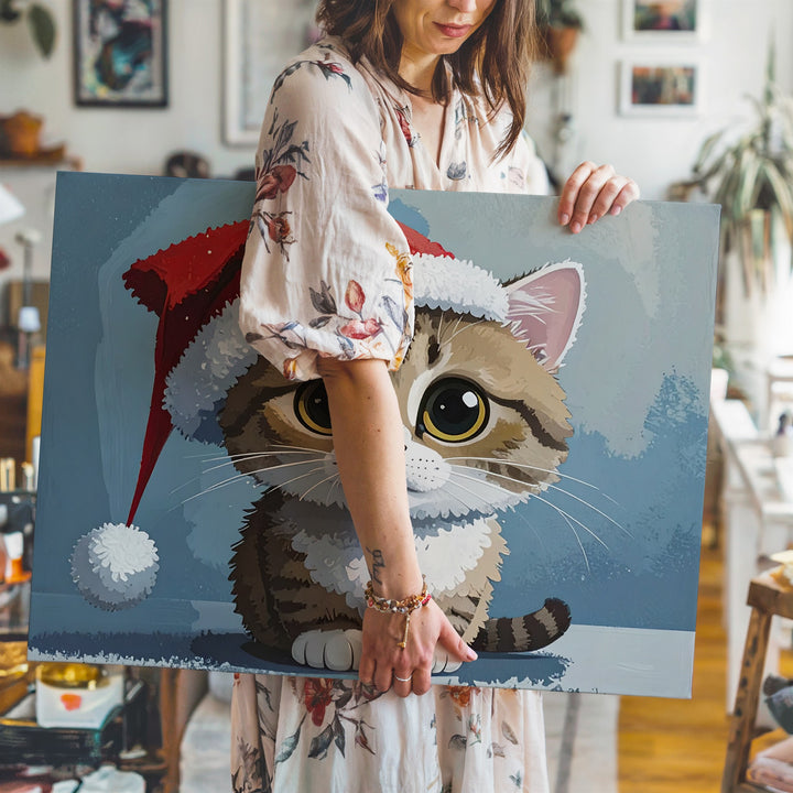 Whimsical Christmas Cat Canvas – Festive Holiday Illustration Art - Gifitto