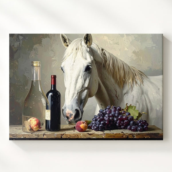 White Horse & Wine Still Life Canvas – Hyperrealistic Whimsical Wall Art - Gifitto