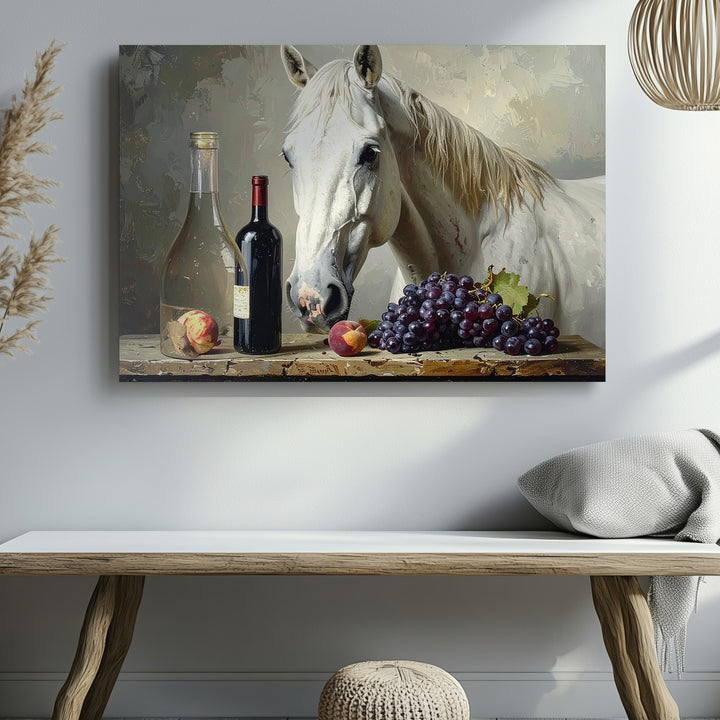 White Horse & Wine Still Life Canvas – Hyperrealistic Whimsical Wall Art - Gifitto