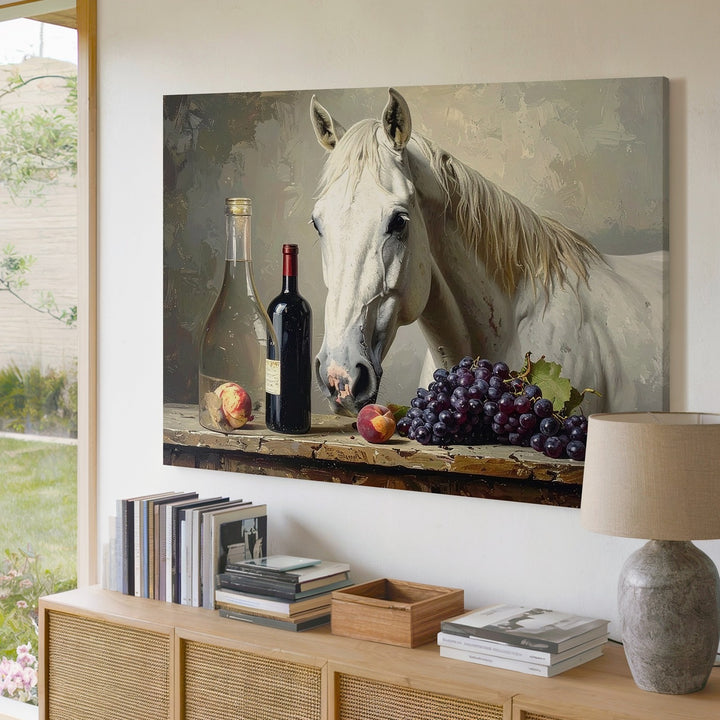 White Horse & Wine Still Life Canvas – Hyperrealistic Whimsical Wall Art - Gifitto
