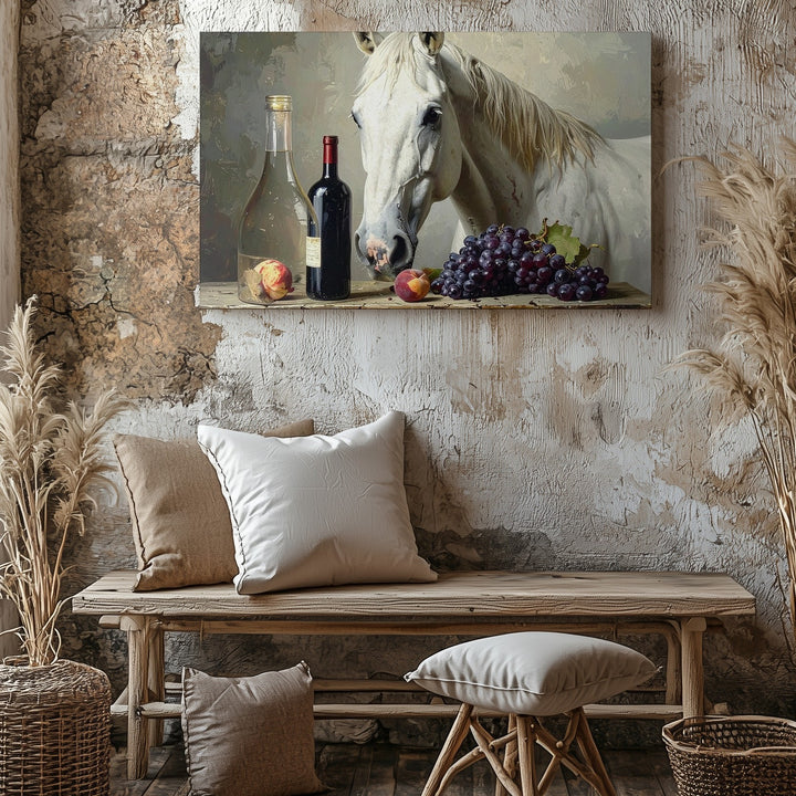 White Horse & Wine Still Life Canvas – Hyperrealistic Whimsical Wall Art - Gifitto