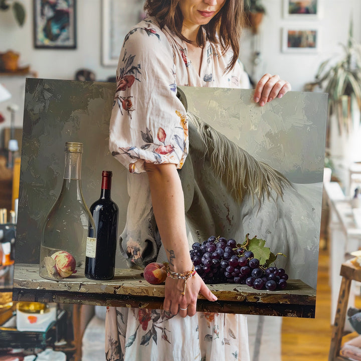 White Horse & Wine Still Life Canvas – Hyperrealistic Whimsical Wall Art - Gifitto