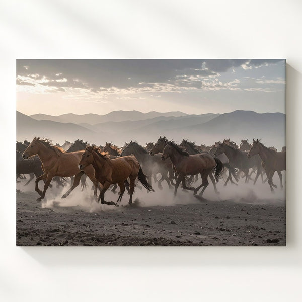 Herd in Motion Canvas – Dramatic Horses Running Through Dusty Landscape - Gifitto
