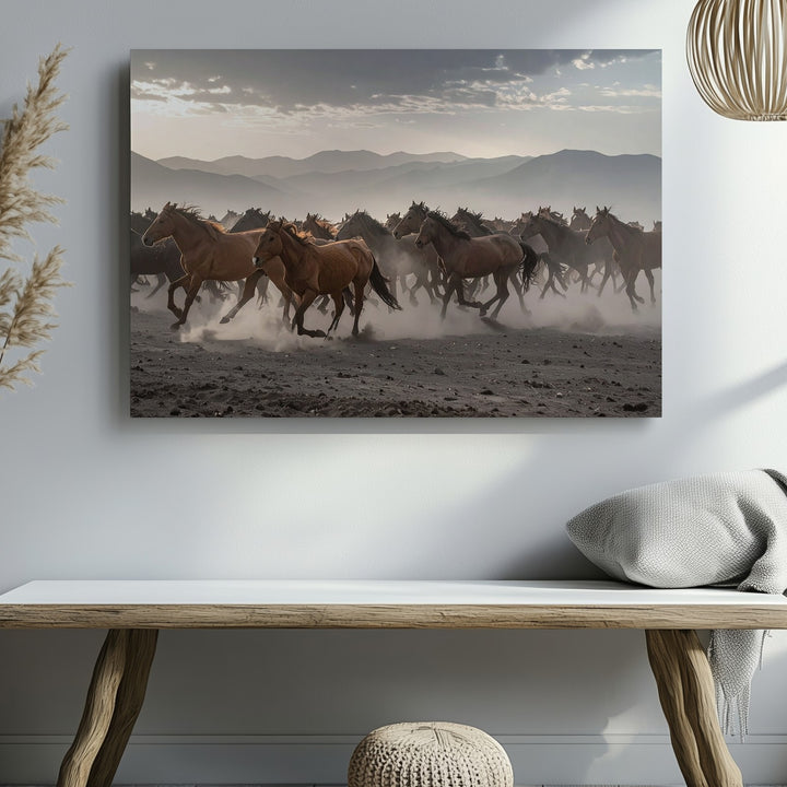 Herd in Motion Canvas – Dramatic Horses Running Through Dusty Landscape - Gifitto
