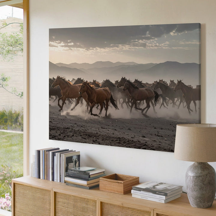 Herd in Motion Canvas – Dramatic Horses Running Through Dusty Landscape - Gifitto