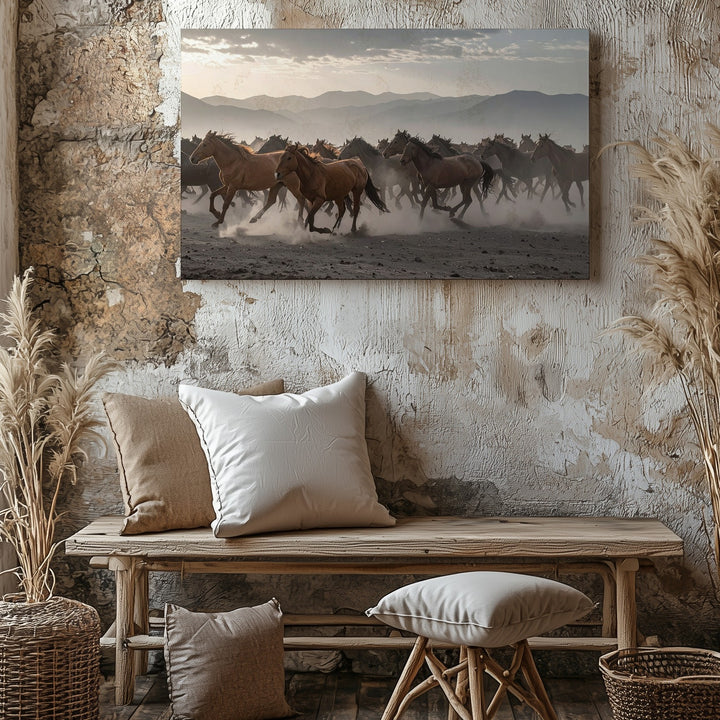 Herd in Motion Canvas – Dramatic Horses Running Through Dusty Landscape - Gifitto