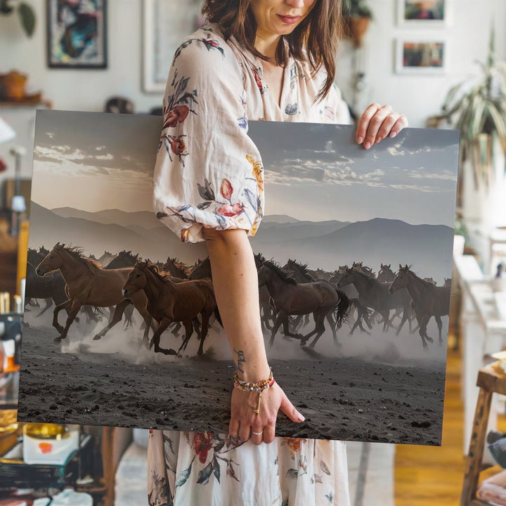 Herd in Motion Canvas – Dramatic Horses Running Through Dusty Landscape - Gifitto