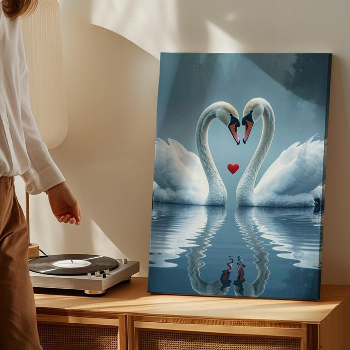 Heart of Love Swans Canvas – Elegant White Swans on Reflective Water - Gifitto