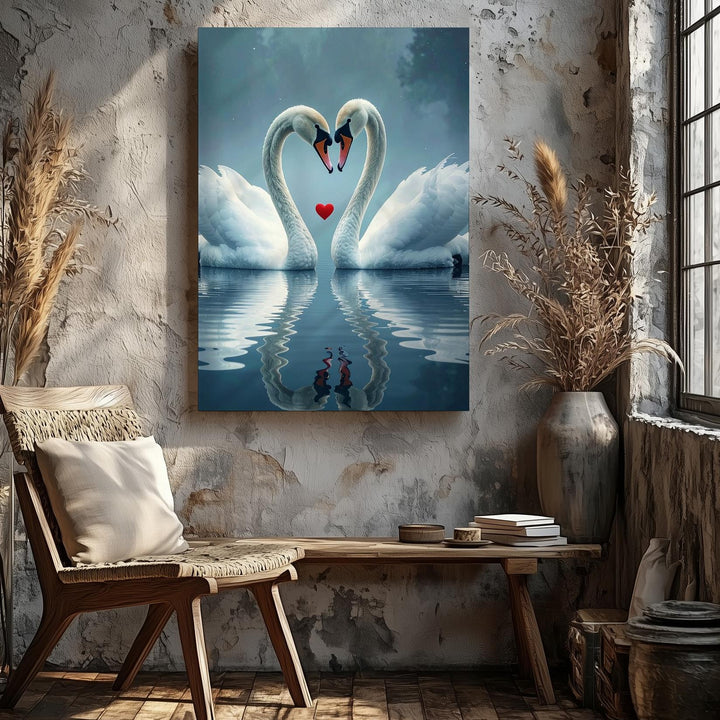 Heart of Love Swans Canvas – Elegant White Swans on Reflective Water - Gifitto