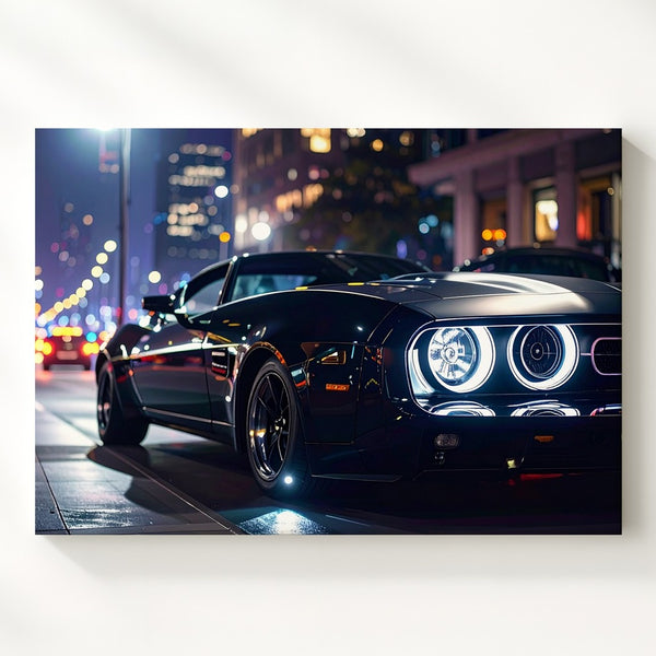 Midnight Muscle Canvas – Black Dodge Challenger on Urban Night Street - Gifitto