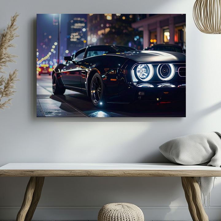 Midnight Muscle Canvas – Black Dodge Challenger on Urban Night Street - Gifitto