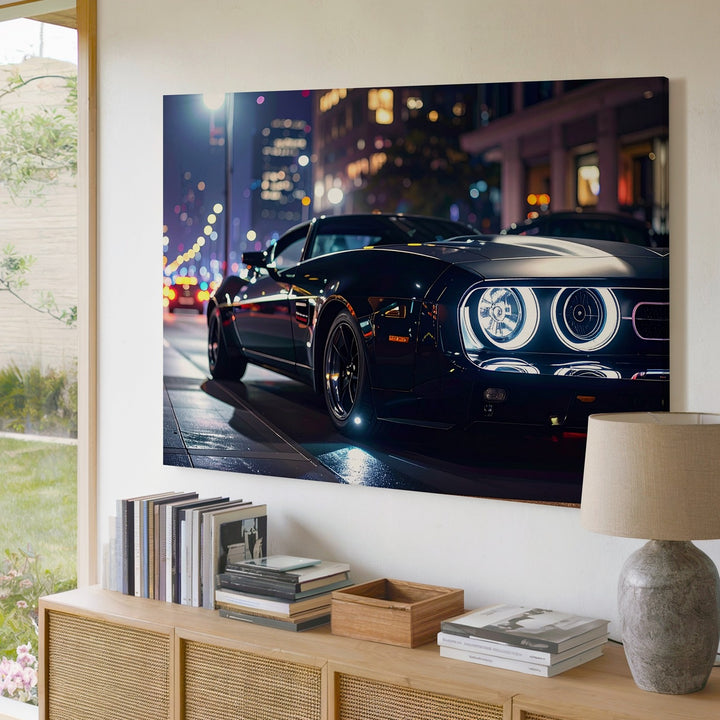 Midnight Muscle Canvas – Black Dodge Challenger on Urban Night Street - Gifitto