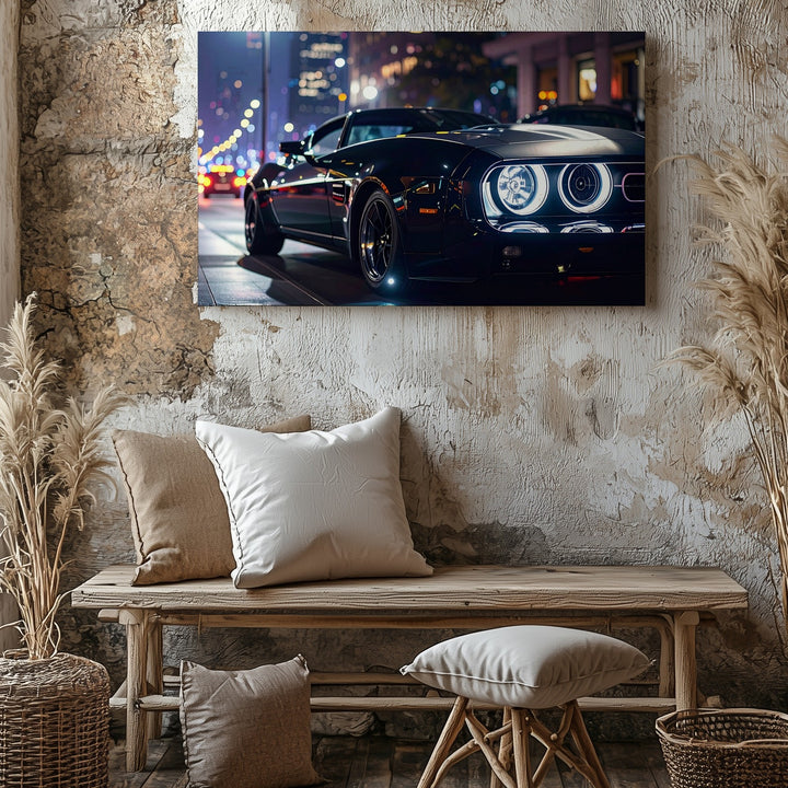 Midnight Muscle Canvas – Black Dodge Challenger on Urban Night Street - Gifitto