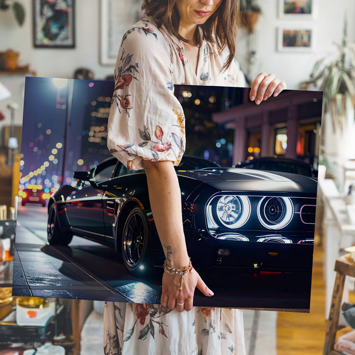 Midnight Muscle Canvas – Black Dodge Challenger on Urban Night Street - Gifitto