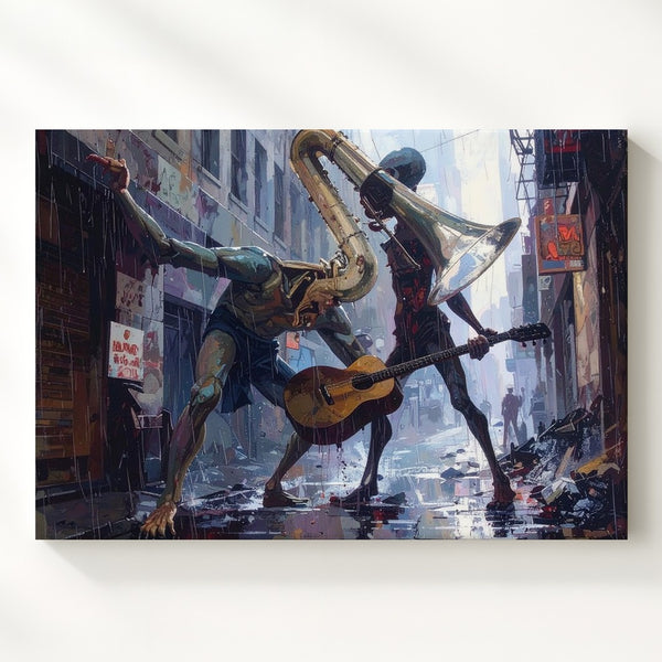 Dystopian Dance Canvas – Surreal Musical Creatures in Rainy Alley