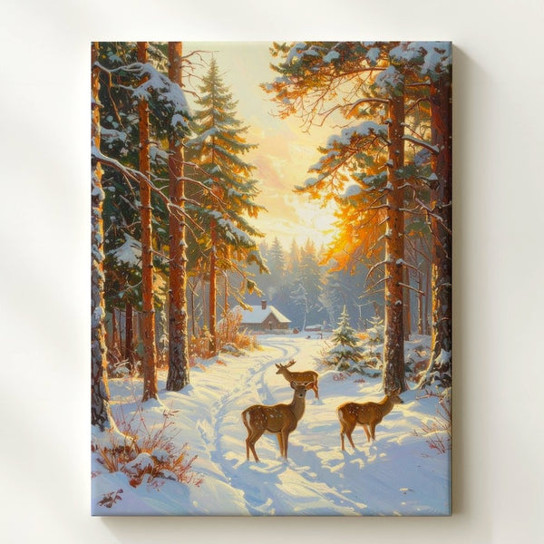 Golden Forest Winter Canvas – Deer, Cabin & Snowy Pine Path Scene