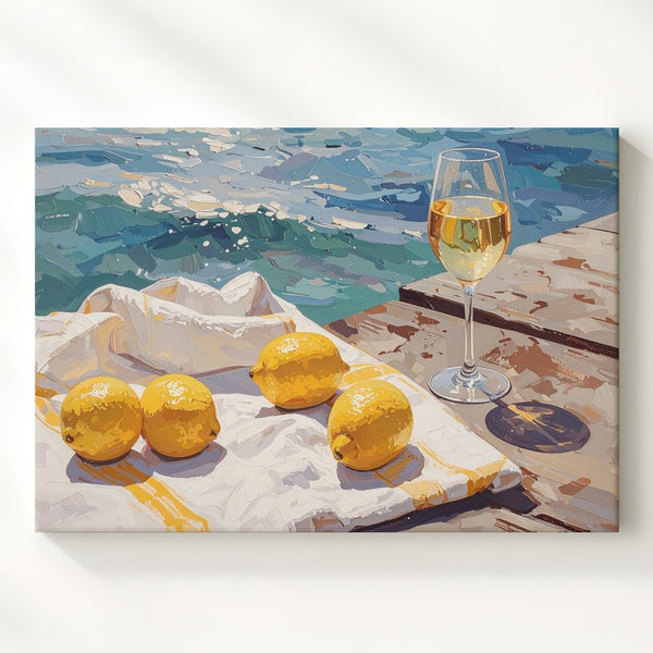 Seaside Picnic Canvas – Impressionist Coastal Scene with Lemons & Wine - Gifitto
