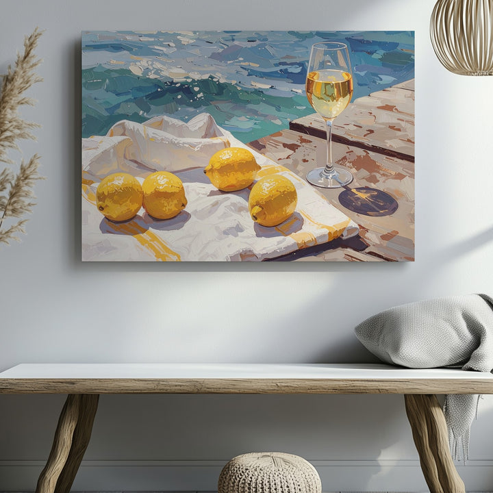 Seaside Picnic Canvas – Impressionist Coastal Scene with Lemons & Wine - Gifitto