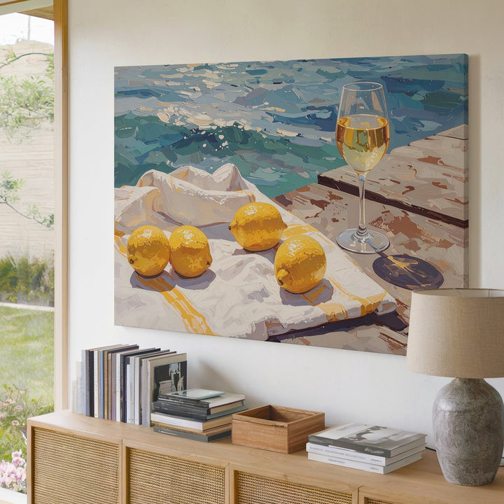 Seaside Picnic Canvas – Impressionist Coastal Scene with Lemons & Wine - Gifitto