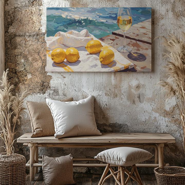 Seaside Picnic Canvas – Impressionist Coastal Scene with Lemons & Wine - Gifitto