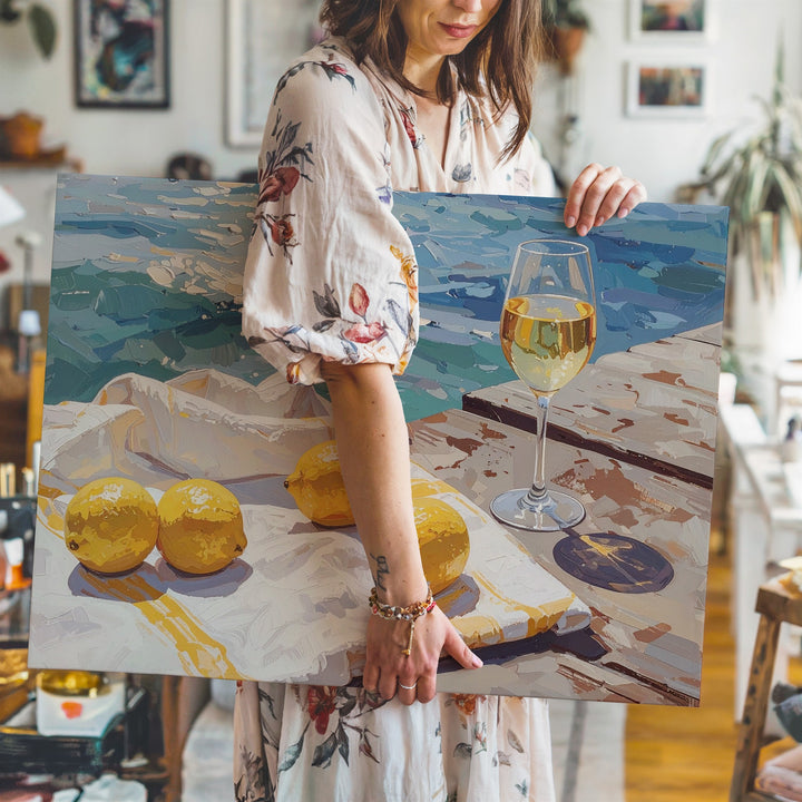 Seaside Picnic Canvas – Impressionist Coastal Scene with Lemons & Wine - Gifitto