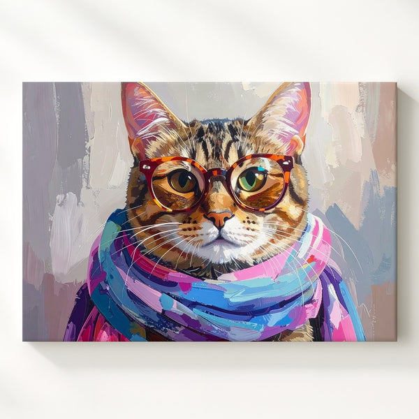 Fashionable Tabby Cat Canvas – Trendy Feline with Glasses & Scarf Art - Gifitto