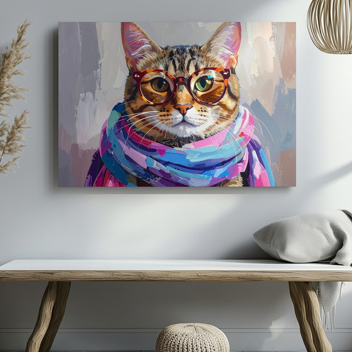 Fashionable Tabby Cat Canvas – Trendy Feline with Glasses & Scarf Art - Gifitto