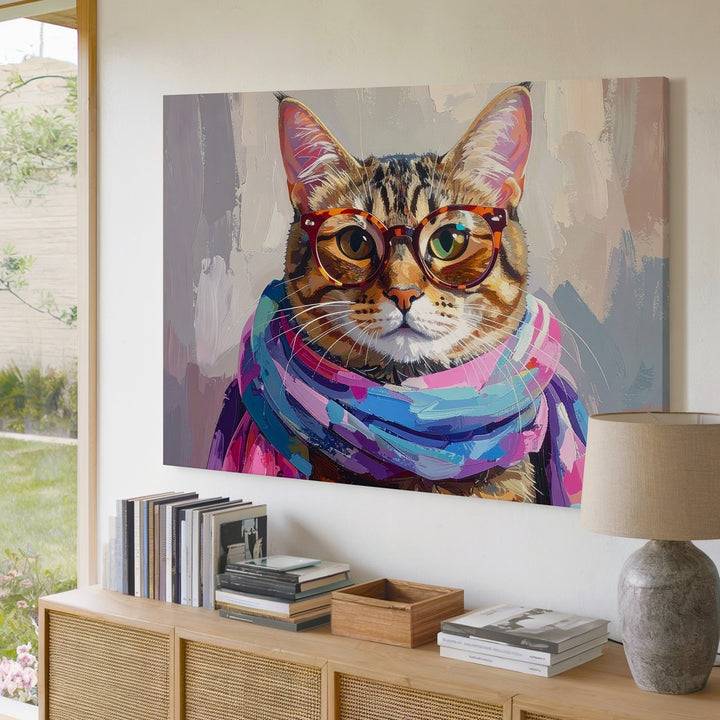 Fashionable Tabby Cat Canvas – Trendy Feline with Glasses & Scarf Art - Gifitto