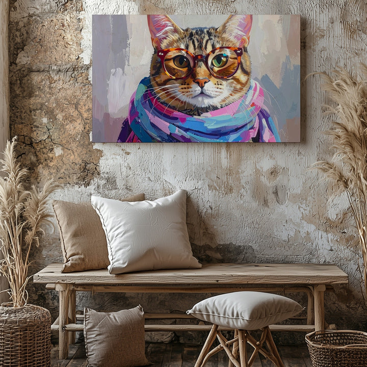 Fashionable Tabby Cat Canvas – Trendy Feline with Glasses & Scarf Art - Gifitto