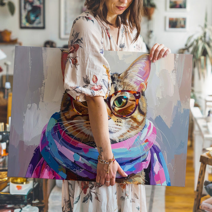 Fashionable Tabby Cat Canvas – Trendy Feline with Glasses & Scarf Art - Gifitto