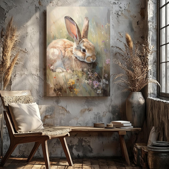 Resting Rabbit in Meadow Canvas – Serene Nature Wall Art - Gifitto