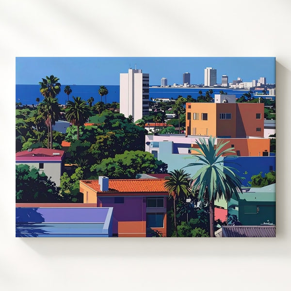 Retro-Futuristic Suburb Canvas – Stylized Tropical Neighborhood Art