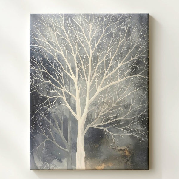 Luminous Winter Tree Canvas – Minimalist Ethereal Forest Wall Art