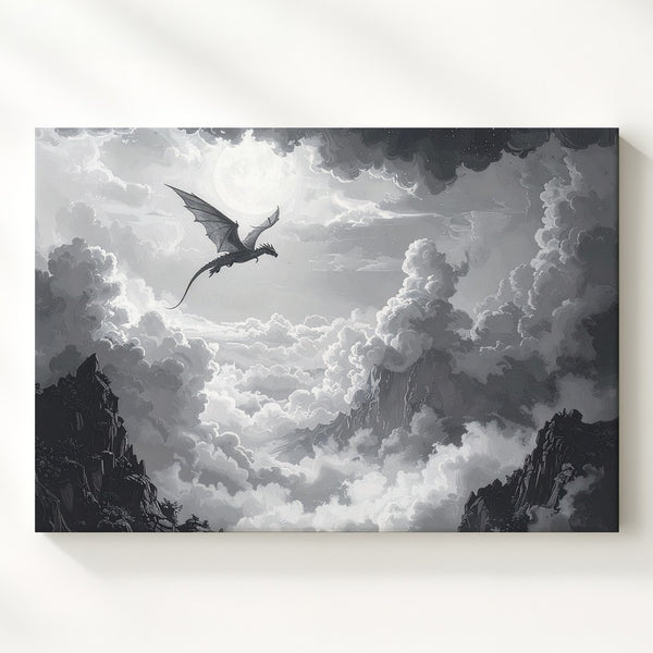 Solitary Sky Dragon Canvas – Monochrome Fantasy Cloudscape Wall Art - Gifitto