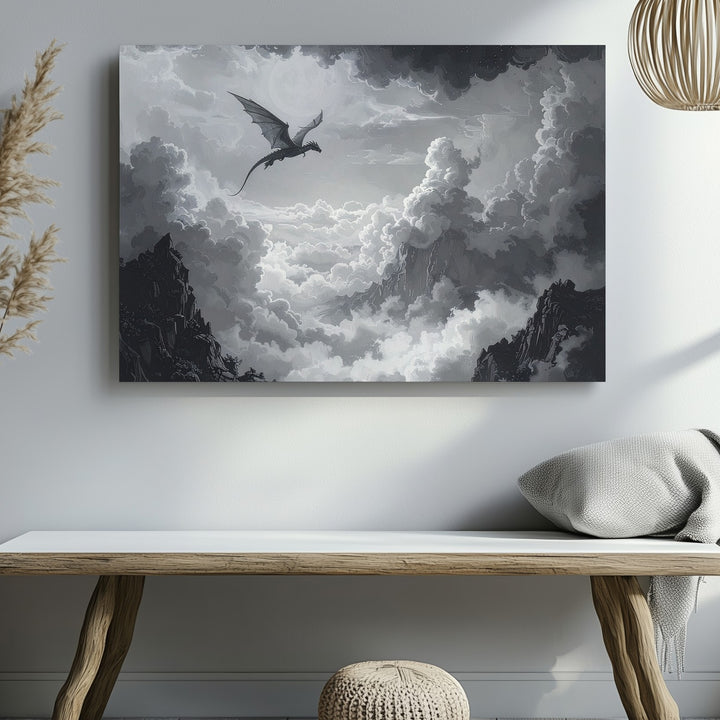 Solitary Sky Dragon Canvas – Monochrome Fantasy Cloudscape Wall Art - Gifitto