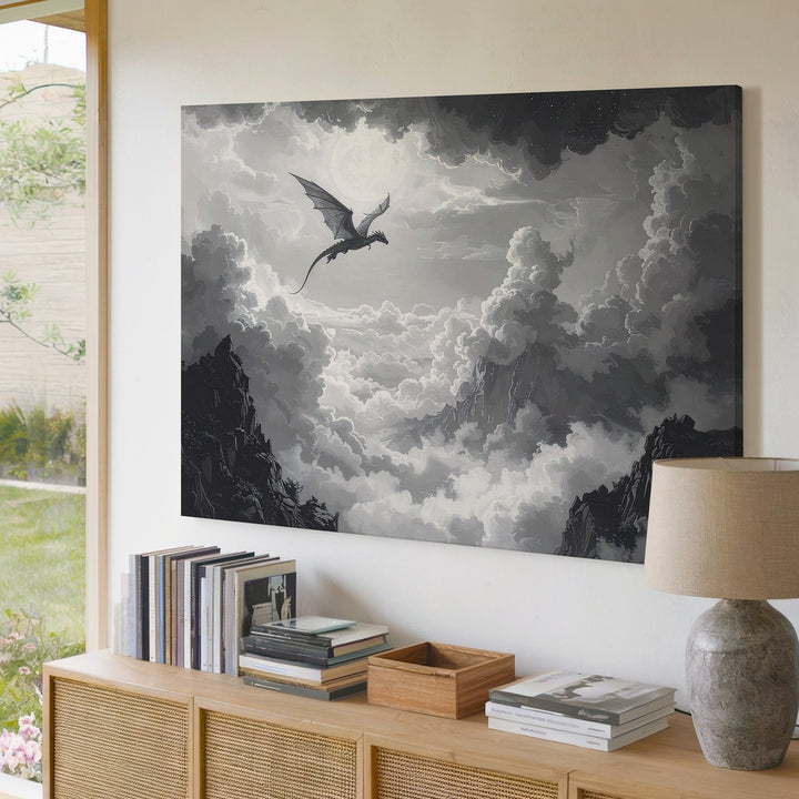 Solitary Sky Dragon Canvas – Monochrome Fantasy Cloudscape Wall Art - Gifitto