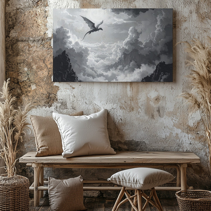 Solitary Sky Dragon Canvas – Monochrome Fantasy Cloudscape Wall Art - Gifitto