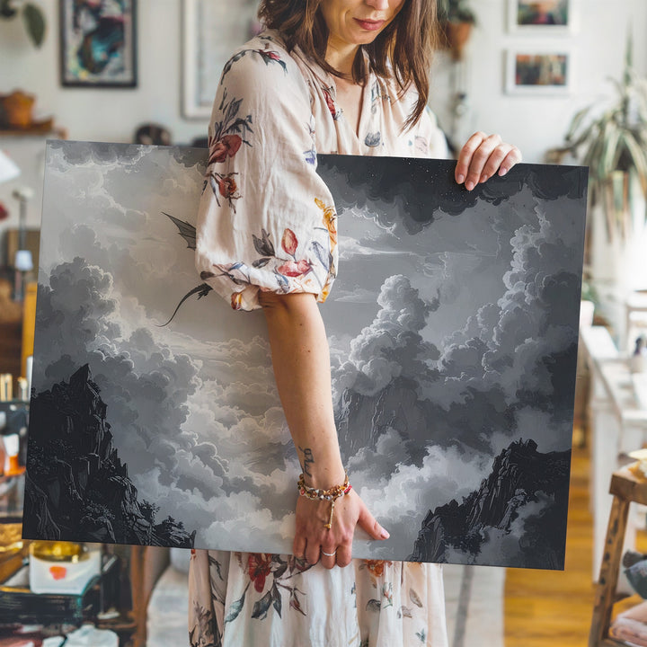 Solitary Sky Dragon Canvas – Monochrome Fantasy Cloudscape Wall Art - Gifitto