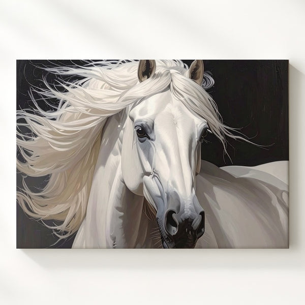 Regal White Horse Portrait Canvas – Majestic Equestrian Art on Black - Gifitto