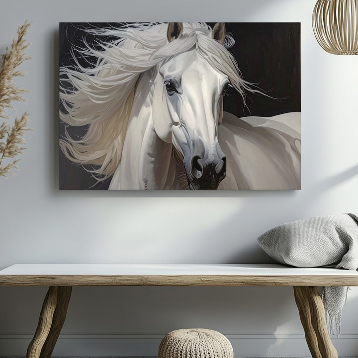 Regal White Horse Portrait Canvas – Majestic Equestrian Art on Black - Gifitto