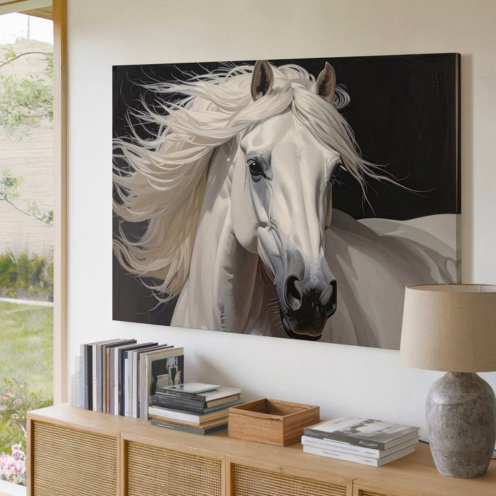 Regal White Horse Portrait Canvas – Majestic Equestrian Art on Black - Gifitto