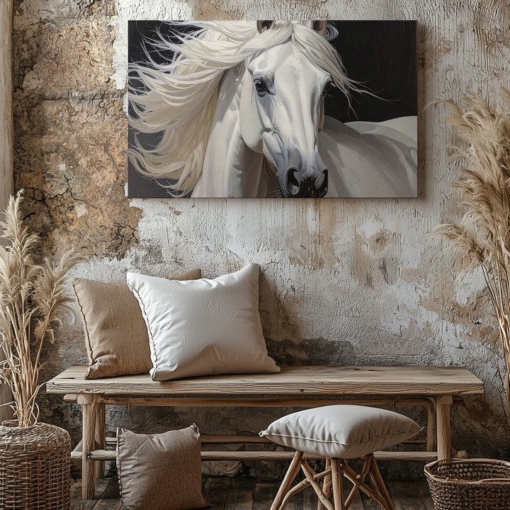 Regal White Horse Portrait Canvas – Majestic Equestrian Art on Black - Gifitto