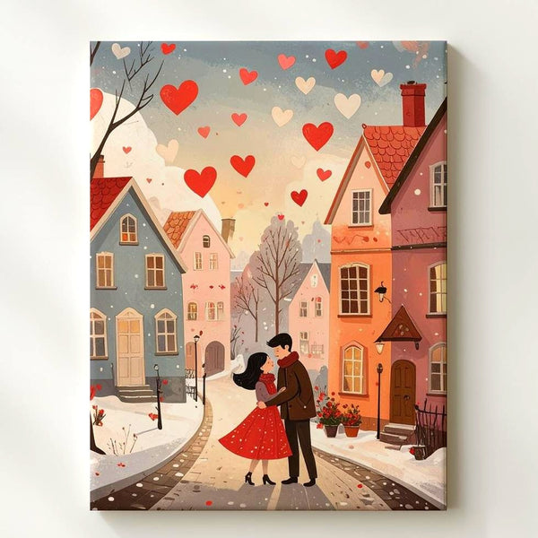Winter Village Love Canvas – Cozy Couple Embrace in Snowy Town - Gifitto