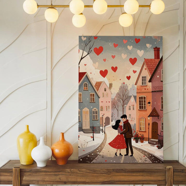 Winter Village Love Canvas – Cozy Couple Embrace in Snowy Town - Gifitto