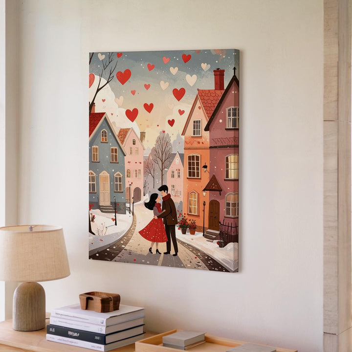 Winter Village Love Canvas – Cozy Couple Embrace in Snowy Town - Gifitto