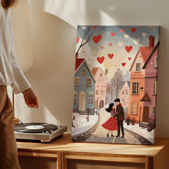 Winter Village Love Canvas – Cozy Couple Embrace in Snowy Town - Gifitto